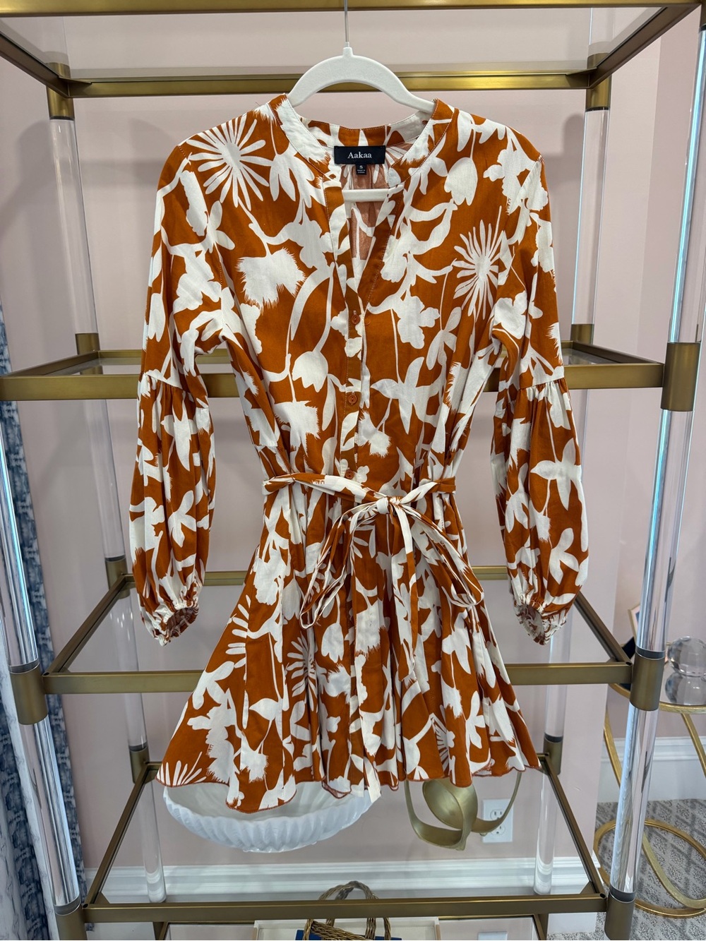 Aakaa Rust & White Floral Tie-Front Mini Dress